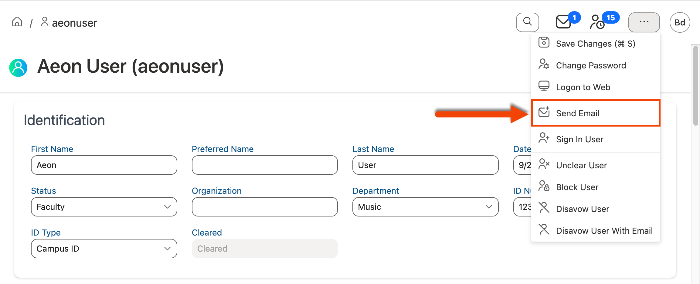 Send Email option in Action menu